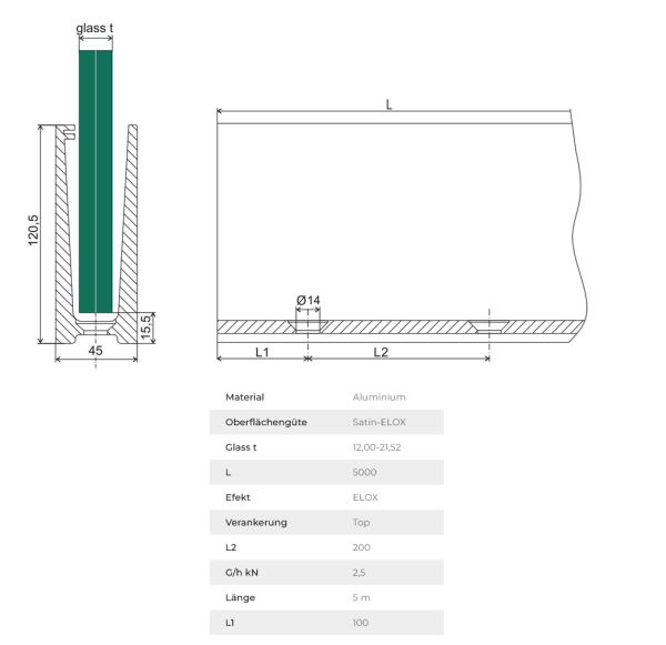 Aluminium Ganzglasgeländer U-Bodenprofil 5000 mm aufgesetztGlasgeländer Satin Elox